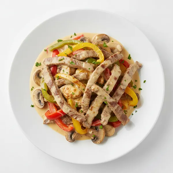 Asiago Cream Steak Strips with Bell pepper & Mushroom Medley